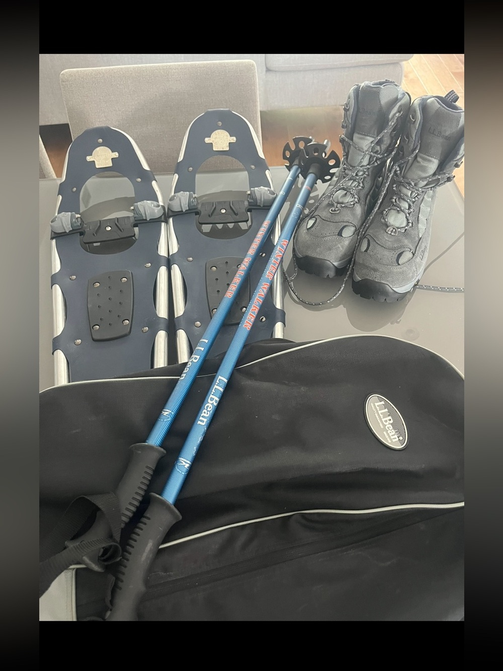 L.L. Bean men’s Gray Snow Boots set with Blue Snowshoe Poles and boots